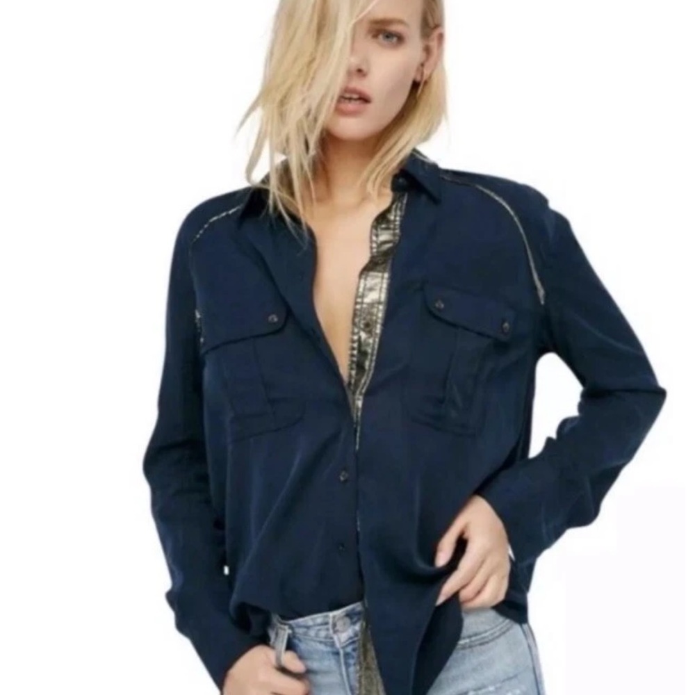 Free People Off Campus Button Down Shirt Navy Blue Gold Metallic Banding Small